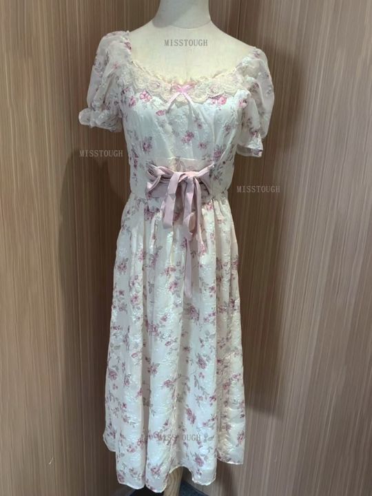 summer-korean-fashion-lace-fairy-dress-women-square-collar-princess-kawaii-floral-print-dress-female-bandage-sweet-dress-2023