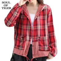 ✼❉ SOUL OF TIGER Chinese Fashion Style Womens Casual Tops Ladies Linen Vintage Shirts Female Hooded Plaid Printed Oversized Blouse