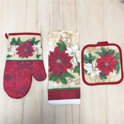 3Pcs/Set Cotton Printed Christmas Peace Flower Kitchen Insulation Glove Potholder Placemat Towel Xmas Gift