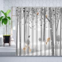 Winter Forest Trunk Shower Curtain Set Deer Bird Animal Landscape Home Wall Decoration Gray Curtains Polyester Fabric With Hooks