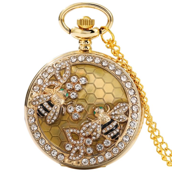 นาฬิกาพกประดับเพชรคริสตัลดอกไม้ผึ้งควอทซ์เครื่องประดับสร้อยคอจี้สร้อยคอสุดหรูนาฬิกาสายโซ่ประดับเพชร
