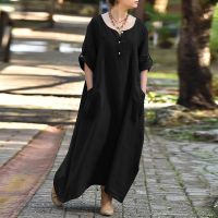 Lady Casual Dresses Vestido Fashion Loose Seventh Sleeve Solid Color Long Dress With Pockets Women Summer Casual  O Neck Dresss