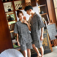 Couple Japanese Traditional Kimono Yukata Haori Robe Pajamas Home Bathing Suit Spa V-neck Cotton Printing Gown Obi Clothing Sets