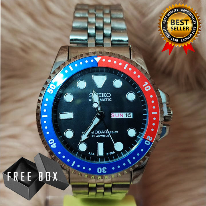 Seiko Automatic Water 10Bar Resists 21 Jewels Day Date Display Red Bezel (Pepsi) Stainless Steel Watch for Men (free box) | Lazada PH