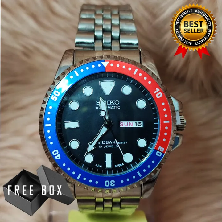Seiko Automatic Water 10Bar Resists 21 Jewels Day Date Display Blue Red  Bezel (Pepsi) Stainless Steel Watch for Men (free box) | Lazada PH