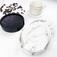 【CW】 10x10cm  Pu Leather Coaster Marble Texture Resistant Round Cup Tableware Bowl Placemat