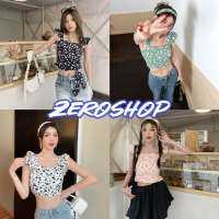 Zero shop?พร้อมส่ง? (Zero-11539)  เสื้อกล้ามผ้าชีฟอง ลายดอกไม้ขอบระบายแถมสายคาดผมหรือผูกคอ  -C