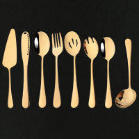 8ชิ้นทองมีดให้บริการช้อนส้อมชุดอาหารเย็นบุฟเฟ่ต์จัดเลี้ยง Flatware ให้บริการกระชอนช้อนส้อมเนยมีดเครื่องเงิน