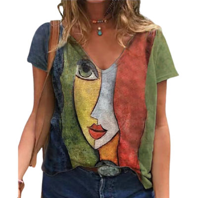V คอ Tshirt ผู้หญิงฤดูร้อนสบายๆ Oversize พิมพ์เสื้อหลวม Vintage หญิง Tee Streetwear Y2K แขนสั้นเสื้อผ้า S-5XL