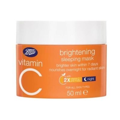 Boots Vitamin C Brightening Sleeping Mask 50ml./ 18ml. ครีมมาส์กบำรุงผิวหน้าสูตรกลางคืน วิตามินซี เข้มข้น2เท่า หน้าขาวกระจ่างใส