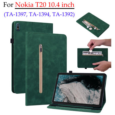 กรณีแท็บเล็ตสำหรับ Nokia T20 10.4 Ta-1397 TA-1394 TA-1392หรูหราซิปกระเป๋าสตางค์พลิกปกที่มีคุณภาพสูงธุรกิจหนัง PU ยืนปลอกกรณีที่มีฟังก์ชั่นนอน/ตื่น Nokia T 20 10.4นิ้ว