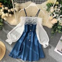 Neploe Denim Dress 2021 Fashion Lantern Sleeve Woman Dresses Clothes Gauze Patchwork Vestidos Ruffles Korean Off Shoulder Robe