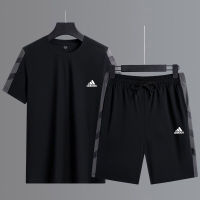 Adidaseร่างเสื้อยืดตั้งแขนสั้น2ชิ้น + ชุดชุดกีฬาฤดูร้อนสั้นสำหรับผู้ชายคุณภาพสูง