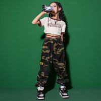 Kid Hip Hop Clothing Beige Lace up Crop Top T Shirt Camouflage Casual Cargo Jogger Pants  for Girls Jazz Dance Costume Clothes