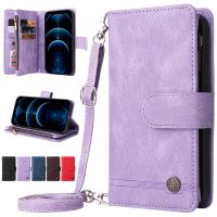 Zipper Wallet Multi Card Slots Case For Samsung Galaxy Note 20 Ultra S20 FE S21 S22 Plus A22 A32 A52 Retro Flip Cover With Strap