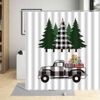 Merry Christmas Lattice Tree Shower Curtain Set Farmhouse Black White Truck Printing Bathroom Decoration Hanging Curtains Hooks