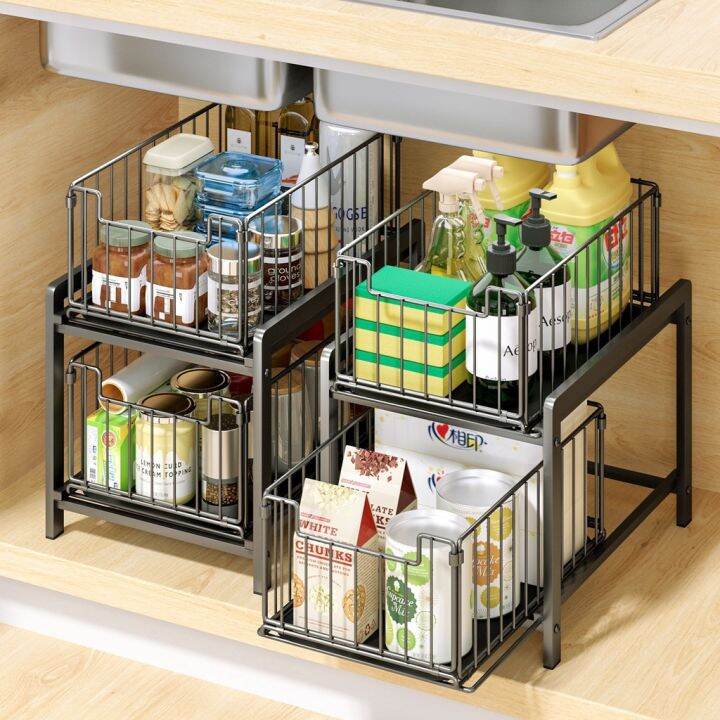 2Tier Kitchen Under Sink Organizer with Sliding Drawer Pull