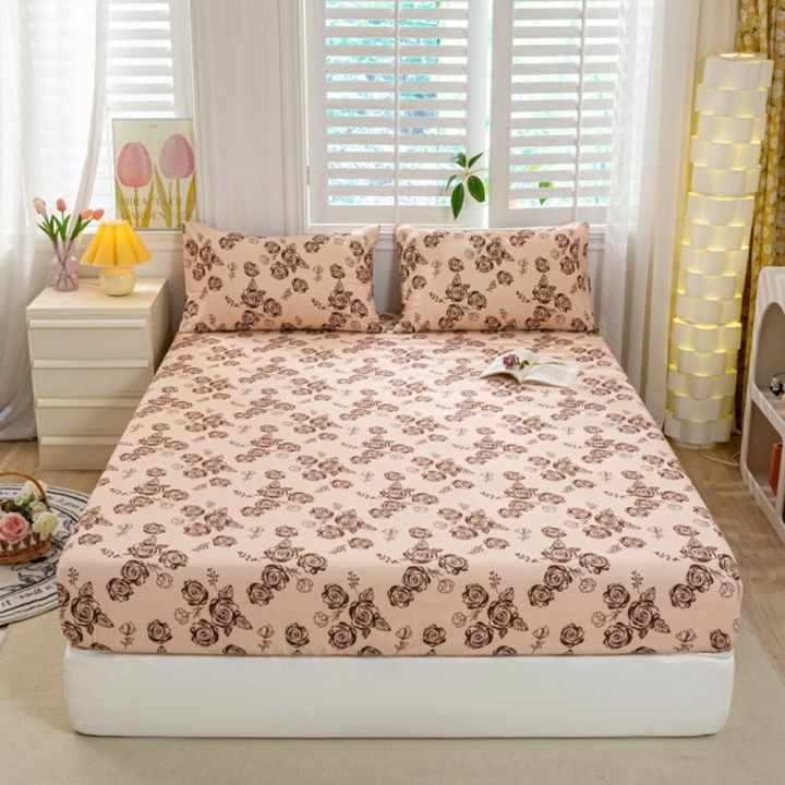 ผ้าปูที่นอนเตียงคู่ผ้าคอตตอนฟอกสีแบบยืดได้ผ้าปูที่นอนพอดีดอกไม้สีน้ำตาลพิมพ์ลายแบบเดี่ยว-ราชินี-ฟูกที่นอนคิงไซส์