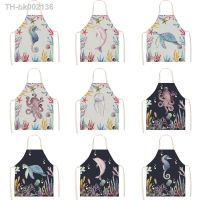 ☃﹍ Marine life Women Kitchen Aprons Waterproof Cooking oil-proof Cotton Linen Antifouling Chef Apron Cleaning 68x55cm