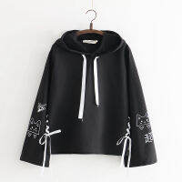 Japanese Harajuku Sweet Mori Girl Lolita Boho Cat Print Black White Long Sleeve Autumn Sweatshirts Women Hoodies Pullovers Caps