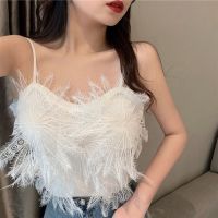 2023 ฤดูร้อนใหม่แฟชั่นการออกแบบพู่ Feather สั้นเซ็กซี่ camisole ผู้หญิงสวมใส่ด้านนอกอารมณ์ Tops สำหรับผู้หญิง