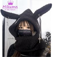 【Miki Xinyuan】หมวกหูกระต่ายญี่ปุ่น Gothic BlackChain LambswoolWarm Hooded ผ้าพันคอหมวก Streetwear