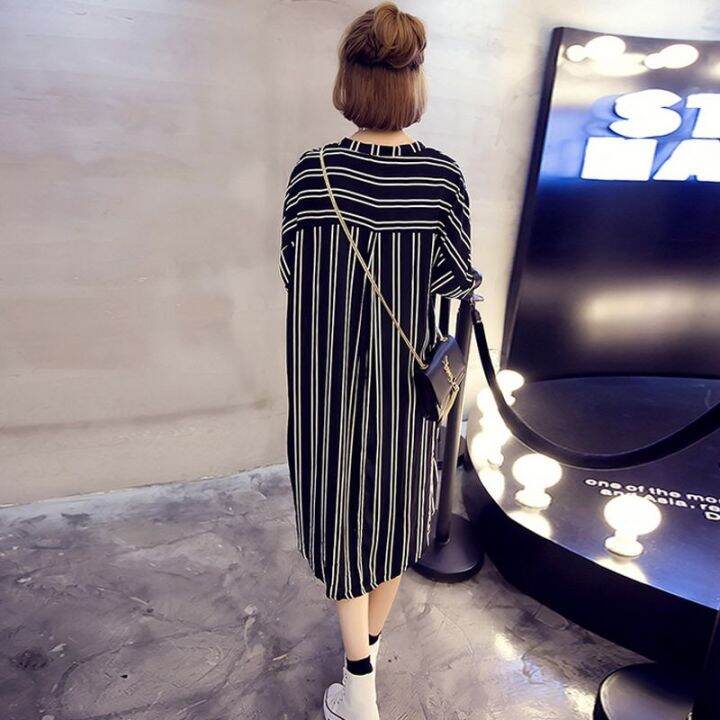 women-v-neck-loose-plus-size-short-sleeved-stripe-shirt-dress