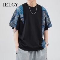 IELGY เสื้อยืดแขนสั้นลายดอกไม้ผลไม้วินเทจของผู้ชาย,เสื้อยืดอเมริกันทรงหลวม