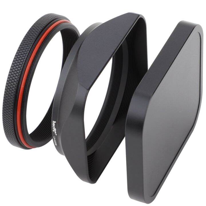 Haoge Square Metal Lens Hood with Cover Cap and 49mm Adapter Ring for