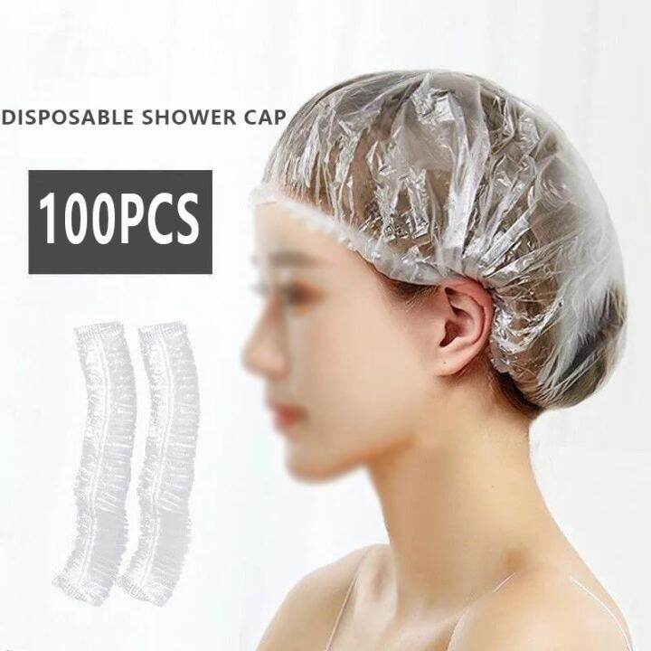 100 Pieces Disposable Shower Caps Plastic Waterproof Hotel Hair Dye