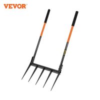 VEVOR Broad Fork Tool 5-6 Tines Hand Tiller Broadfork Cultivation Tool Wide Fork 43.3in 45.3in Fiberglass Handle Garden Tool