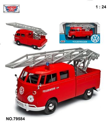 โมเดลรถคลาสสิค  MOTOR-MAX NO.79584 Volkswagen bus T1 Fire Brigade พร้อมบันไดหมุน Red Samba Bully Bus 1950-1967 scale 1:24 จำลองเหมือนจริง ผลิตจากโลหะผสม