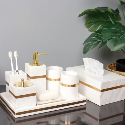 【jw】卍✗  Volakos branco natural acessórios do banheiro de mármore dourado luxo dispensador sabão prato bandeja tecido caixa conjunto