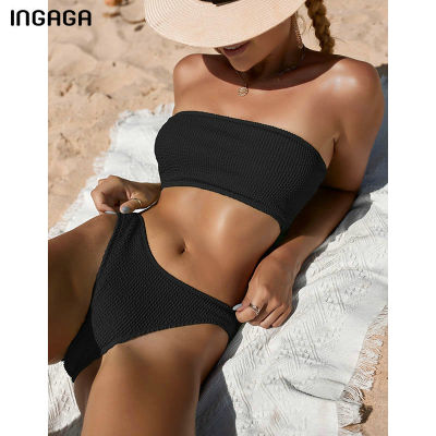 INGAGA Bandeau Bikinis Womens Swimsuit  Ribbed Swimwear Women Solid Bathing Suits Sexy Off Shoulder Biquini Summer Beach