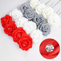 25pcs 8cm Artificial PE Foam Flower Rose Head Diamond Glitter Eucalyptus Fake Flowers Bride Bouquet Wedding Party Home DIY Decor