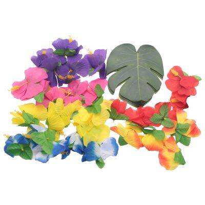 60 Pcs Tropical Party Decoration Supplies 8 inch Tropical Palm Monstera Leaves and Hibiscus Flowers, Simulation Leaf for Hawaiian Luau Party Jungle Beach Theme Table Decorations