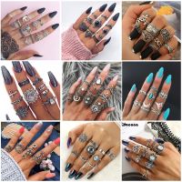 Docona Boho Finger Jewelry Crown Geometric Rhinestone Leaf Women Ring Sets Hollow Stacking Finger Rings Vintage Silver Color