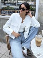 ✘ gsgw Branco gola redonda casaco Blazer curto das mulheres Botão dourado Office Jaqueta Feminina Street Outwear Chique