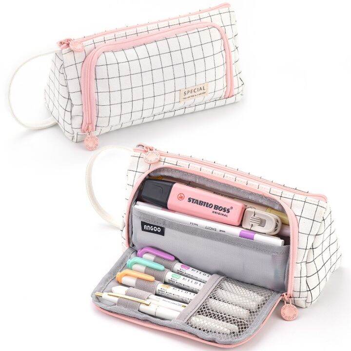 child-stationary-pen-pencil-storage-bag-pen-bag-multi-layer-large-capacity-cosmetic-travel-storage-bag-simple-plaid-pencil-case