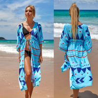 2021 Cover-ups Kimono Tunic for Beach Kaftan Swimsuit Cover up Print Belt Beachwear Bobe de Plage Pareo Summer Beach Dress