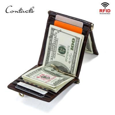 TOP☆CONTACTS Crazy Horse cowhide leather RFID money clip slim card wallet trifold male cash clamp man cash holder zip coin pocket