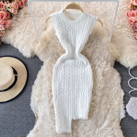 Fitaylor 2022 Spring Women Sleeveless White Sweater Dress Knitted Slim Bodycon Dress Irregluar Stretch Bandage Pink Lady Clothes