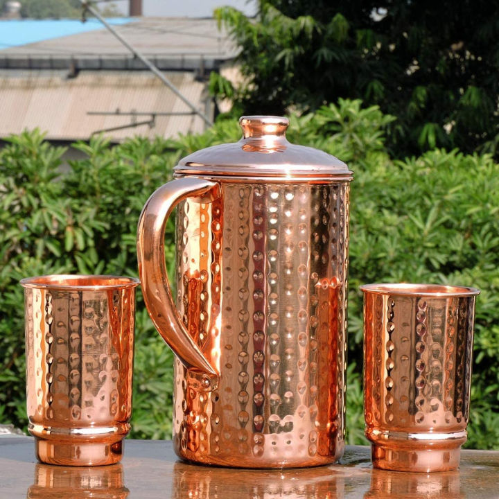 healthgoodsin-pure-copper-99-74-hammered-water-jug-with-2-hammered-copper-tumblers-copper-pitcher-and-tumblers-for-ayurveda-health-benefits