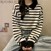 Ruo Bei Xuan เสื้อยืดคอปกตุ๊กตาผู้หญิงแขนยาวขนาดใหญ่พิเศษ,เสื้อปักลายทางเสื้อลำลองสีตัดกัน