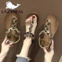 【CW】 LazySeal Beaded Flat Heel Sandals Shoes Wood grain Flip Flops Beach Mujer Sandalias