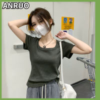 ANRUO เสื้อยืดแขนสั้นสำหรับผู้หญิง,เสื้อครึ่งแขนวาฟเฟิลแขนสีทึบเข้ารูปพอดีตัวยูแบบเรียบง่ายเหมาะกับฤดูร้อน