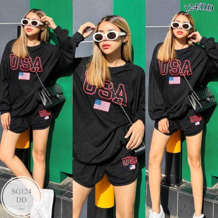 ml124-usa-sweater-short-set-เซทเสื้อสเวตเตอร์-ใส่ซกแขนและชายเสื้อ-มาพร้อมกางเกงขาสั้นทรงบาร์บี้-สกรีน-usa-ทั่งตัวเสื้อและขากางเกง-ดีไซน์สวย-เนื้อผ้าดี-ใส่สบาย-กางเกงมีกระเป๋าล้วงข้าง-สามารถใส่ไปเที่ยว