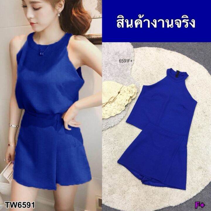 tw6591-set-2-ชิ้น-เสื้อคอกลมไหล่ล้ำ-กางเกงกระโปรงสั้น