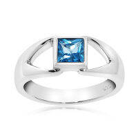 CHRISHA_แหวนเงินแท้ 925 ประดับพลอย สวิส บลูโทแพซ (Swiss Blue Topaz) และเคลือบด้วยทองคำขาว ขนาด 7.5 *บริการปรับขนาดแหวนฟรี แชทกับร้านก่อนสั่งซื้อ*