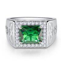 925 Sterling Silver Square Green Zirconium Compact Zircon Mens Ring for Wedding and Engagement Gift